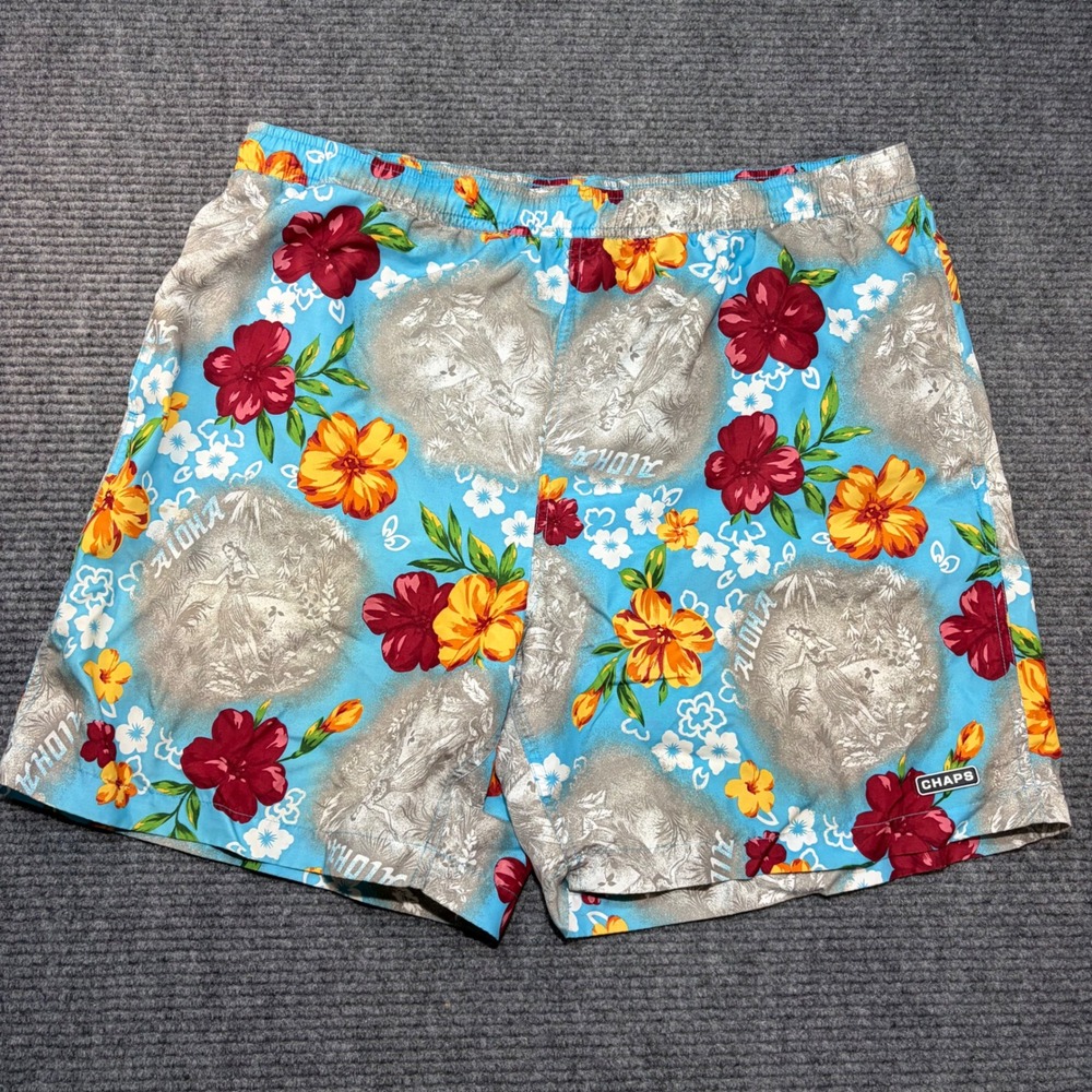 Chaps Mens XL Swim Trunks Blue Aloha Hula Girl Hibiscus Tropical Floral Shorts